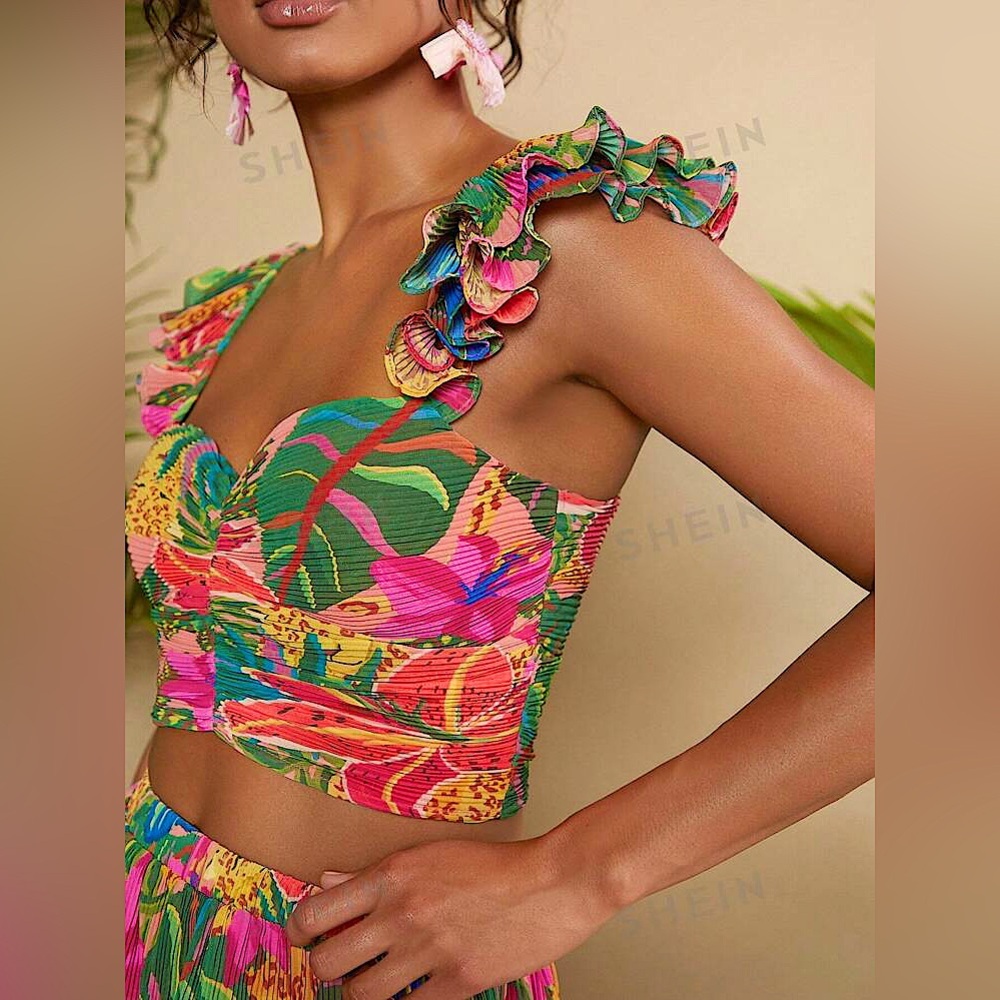 SHEIN TRVLCHIC Tropical Print Ruffle Trim Ruched Bustier Zip Crop Top BRAND NEW